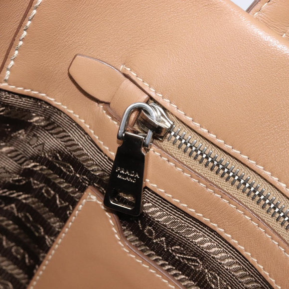 PRADA Tote Bag Leather Beige Silver Auth 208753V