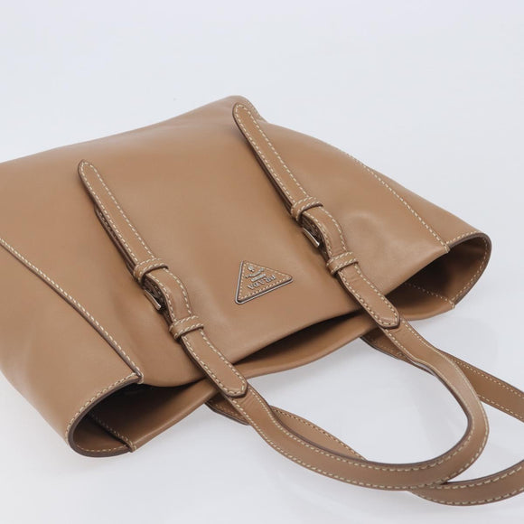 PRADA Tote Bag Leather Beige Silver Auth 208753V