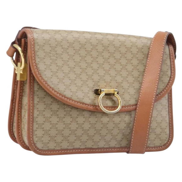 CELINE Macadam Canvas Shoulder Bag PVC Beige Gold Auth 208759V