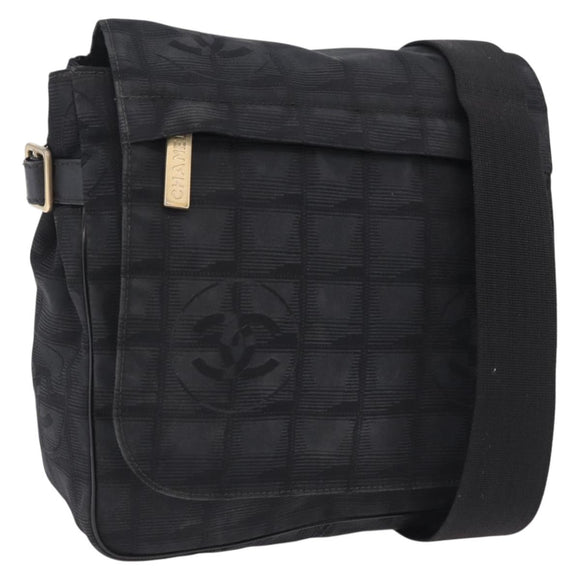 CHANEL New Travel Line Shoulder Bag Canvas Black Gold CC Auth 208770A