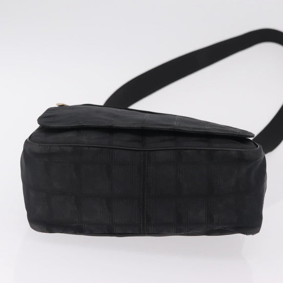 CHANEL New Travel Line Shoulder Bag Canvas Black Gold CC Auth 208770A