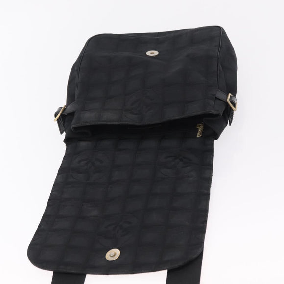 CHANEL New Travel Line Shoulder Bag Canvas Black Gold CC Auth 208770A