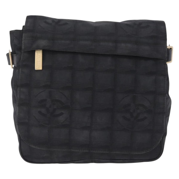 CHANEL New Travel Line Shoulder Bag Canvas Black Gold CC Auth 208770A