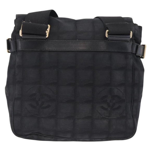 CHANEL New Travel Line Shoulder Bag Canvas Black Gold CC Auth 208770A