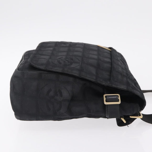 CHANEL New Travel Line Shoulder Bag Canvas Black Gold CC Auth 208770A