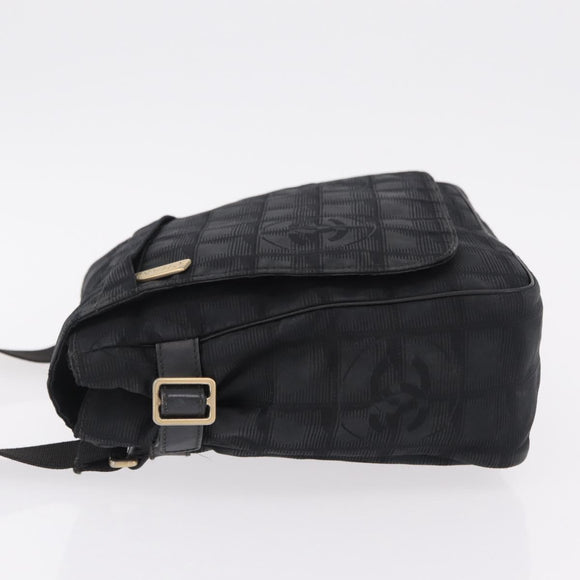 CHANEL New Travel Line Shoulder Bag Canvas Black Gold CC Auth 208770A