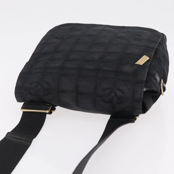 CHANEL New Travel Line Shoulder Bag Canvas Black Gold CC Auth 208770A