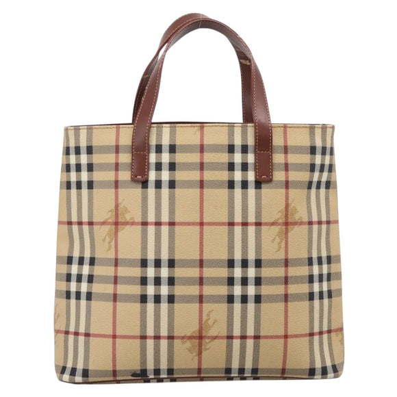 BURBERRY Nova Check Hand Bag PVC Beige Gold Auth 208776A