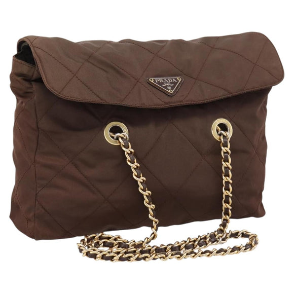PRADA Chain Shoulder Bag Nylon Brown Gold Auth 208781A