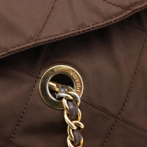 PRADA Chain Shoulder Bag Nylon Brown Gold Auth 208781A
