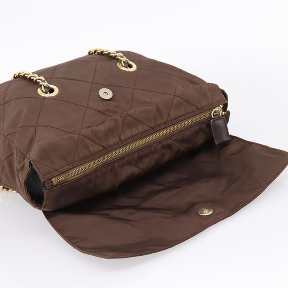 PRADA Chain Shoulder Bag Nylon Brown Gold Auth 208781A