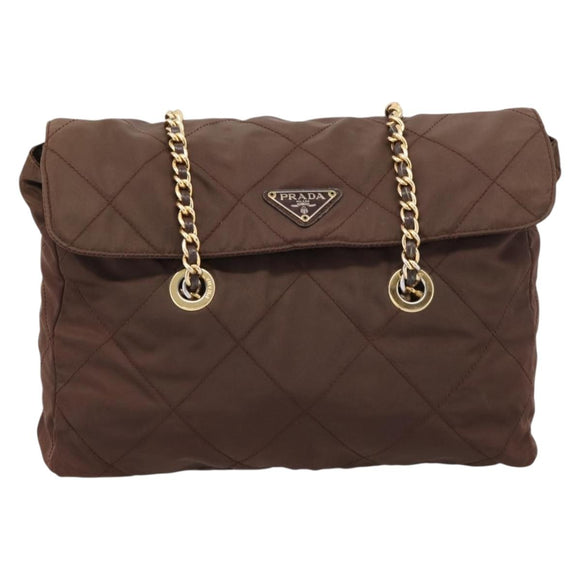 PRADA Chain Shoulder Bag Nylon Brown Gold Auth 208781A