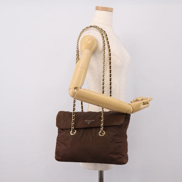PRADA Chain Shoulder Bag Nylon Brown Gold Auth 208781A
