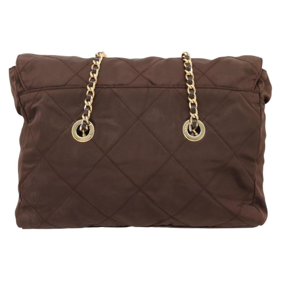 PRADA Chain Shoulder Bag Nylon Brown Gold Auth 208781A