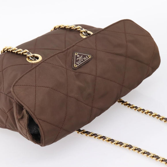 PRADA Chain Shoulder Bag Nylon Brown Gold Auth 208781A