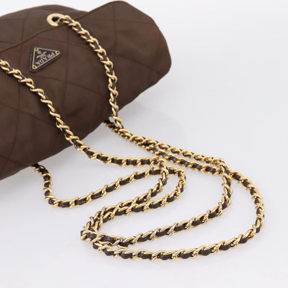 PRADA Chain Shoulder Bag Nylon Brown Gold Auth 208781A