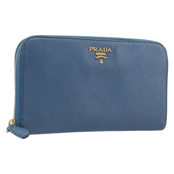 PRADA Long Wallet Safiano Leather Blue Gold Auth 208819A