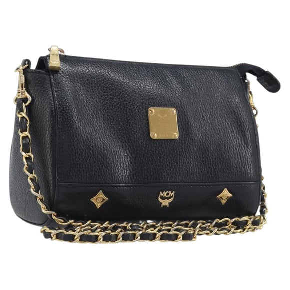 MCM Chain Shoulder Bag Leather Black Gold Auth 208820