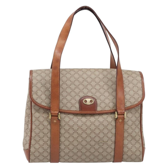 CELINE Macadam Hand Bag PVC Beige Gold Tone Auth 208843A