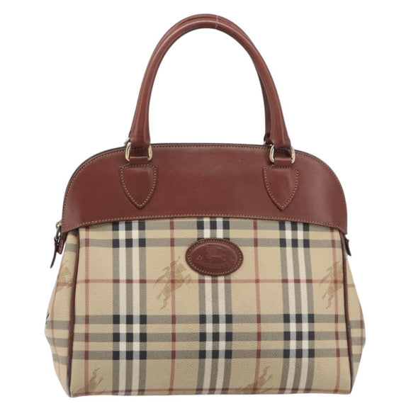 Burberrys Nova Check Hand Bag PVC Leather Beige Gold Tone Auth 208857