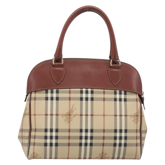 Burberrys Nova Check Hand Bag PVC Leather Beige Gold Tone Auth 208857