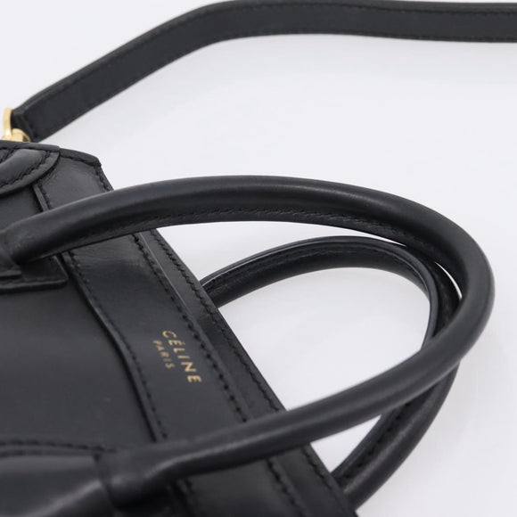 CELINE Luggage Nano Shopper Hand Bag Leather 2way Black Gold Tone Auth 208858