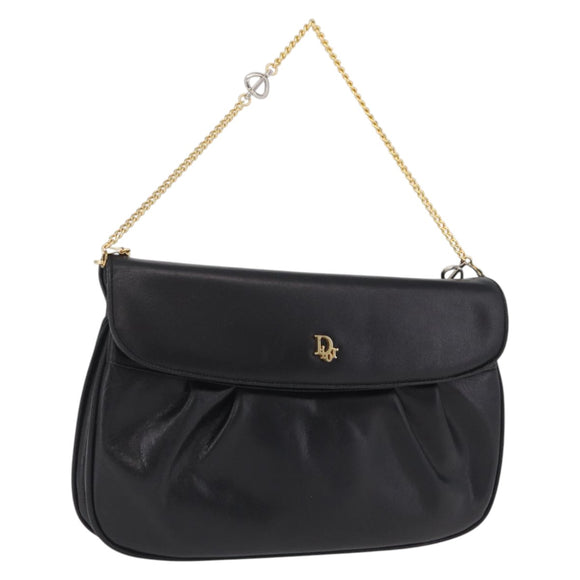 Christian Dior Chain Shoulder Bag Leather Black Gold Tone Auth 208860