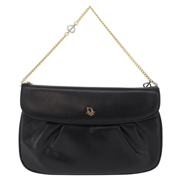Christian Dior Chain Shoulder Bag Leather Black Gold Tone Auth 208860