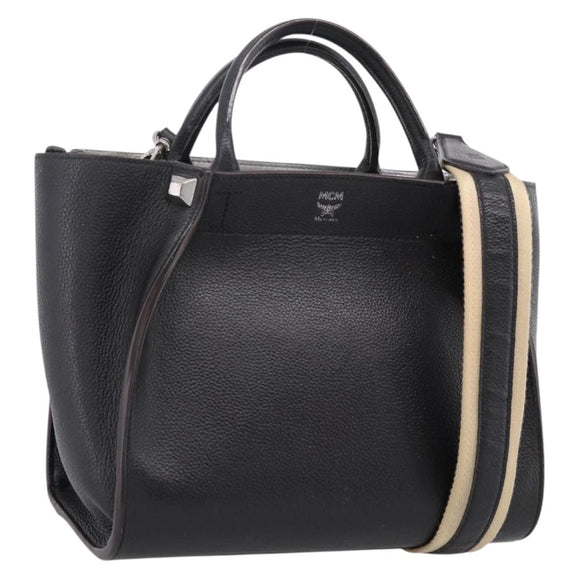 MCM Hand Bag Leather 2way Black Silver Auth 208864