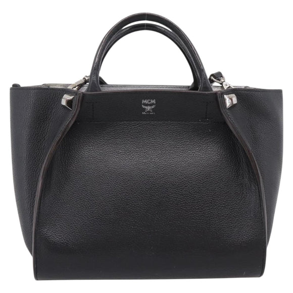 MCM Hand Bag Leather 2way Black Silver Auth 208864