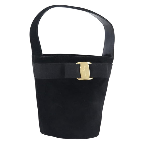 Salvatore Ferragamo Vala Hand Bag Suede Black Gold Tone Auth 208872A