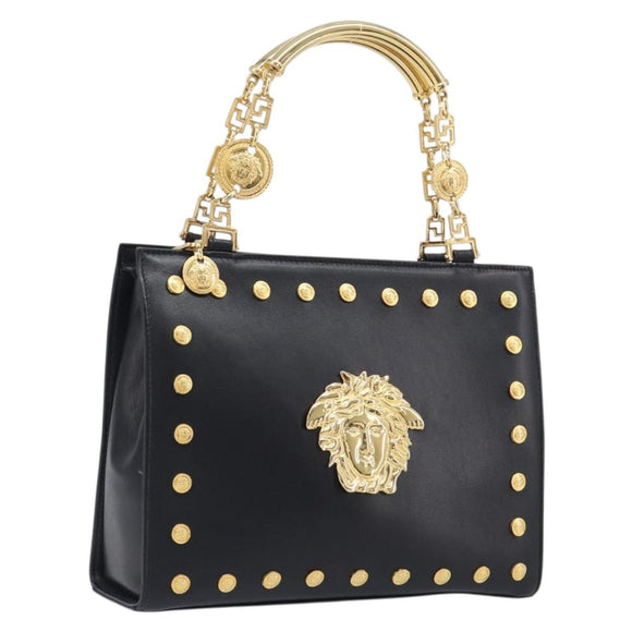 Gianni Versace Hand Bag Leather Black Gold Tone Auth 208883V