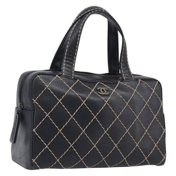 CHANEL Wild Stitch Hand Bag Leather Black Gold Tone CC Auth 208885V