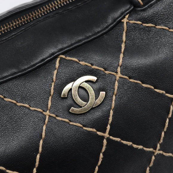 CHANEL Wild Stitch Hand Bag Leather Black Gold Tone CC Auth 208885V