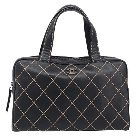 CHANEL Wild Stitch Hand Bag Leather Black Gold Tone CC Auth 208885V