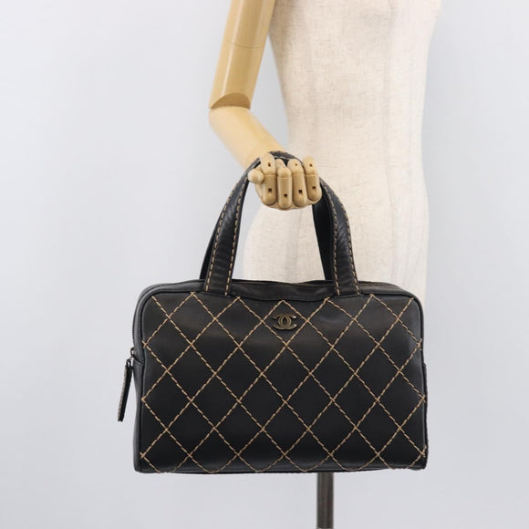 CHANEL Wild Stitch Hand Bag Leather Black Gold Tone CC Auth 208885V