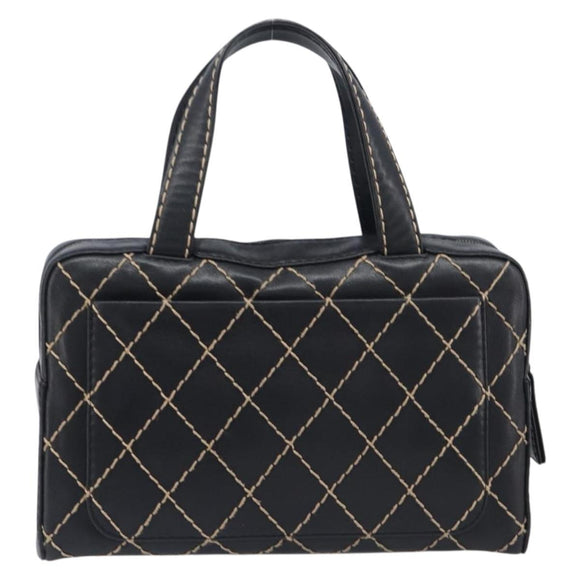CHANEL Wild Stitch Hand Bag Leather Black Gold Tone CC Auth 208885V