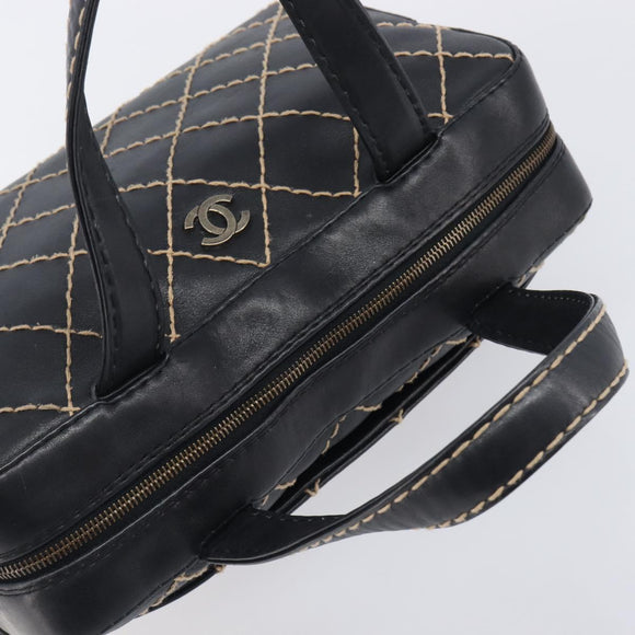 CHANEL Wild Stitch Hand Bag Leather Black Gold Tone CC Auth 208885V