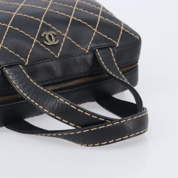 CHANEL Wild Stitch Hand Bag Leather Black Gold Tone CC Auth 208885V
