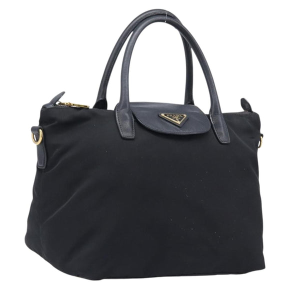 PRADA Hand Bag Nylon Black Gold Tone Auth 208887A