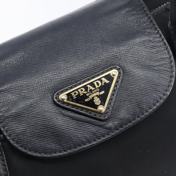 PRADA Hand Bag Nylon Black Gold Tone Auth 208887A