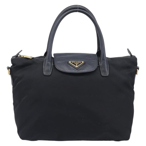 PRADA Hand Bag Nylon Black Gold Tone Auth 208887A