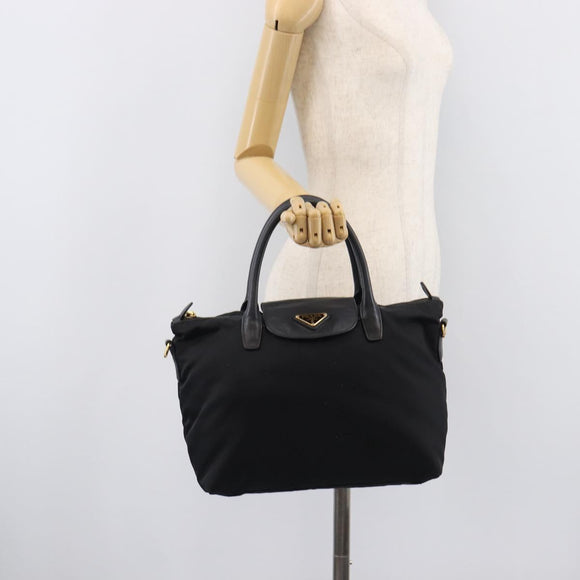 PRADA Hand Bag Nylon Black Gold Tone Auth 208887A