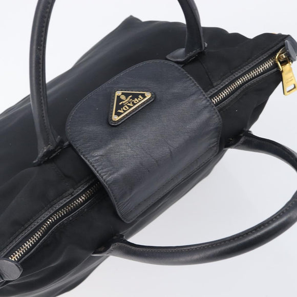 PRADA Hand Bag Nylon Black Gold Tone Auth 208887A
