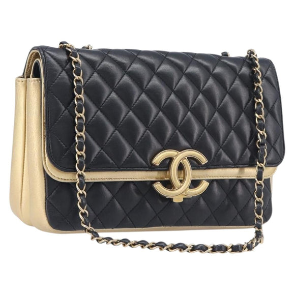 CHANEL Mini Matelasse Chain Shoulder Bag Lamb Skin Black Gold CC Auth 209002SAV