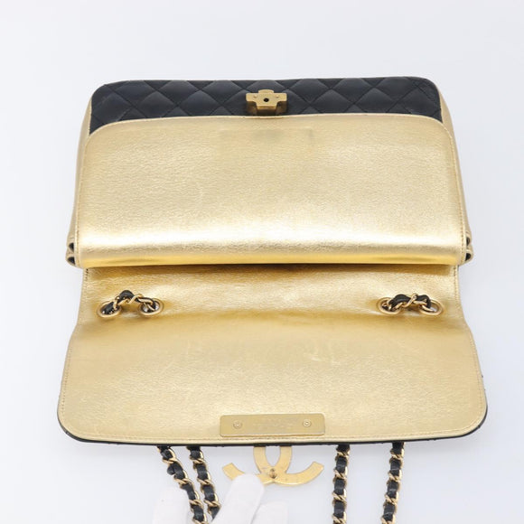 CHANEL Mini Matelasse Chain Shoulder Bag Lamb Skin Black Gold CC Auth 209002SAV