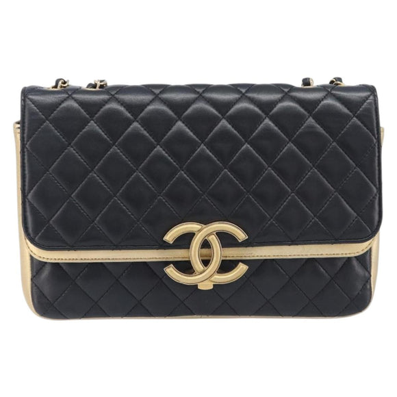 CHANEL Mini Matelasse Chain Shoulder Bag Lamb Skin Black Gold CC Auth 209002SAV