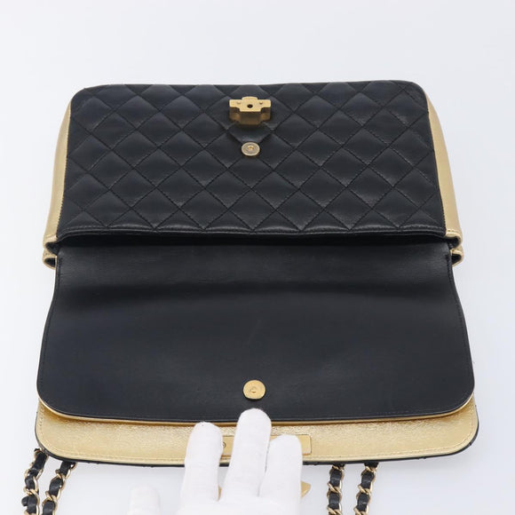 CHANEL Mini Matelasse Chain Shoulder Bag Lamb Skin Black Gold CC Auth 209002SAV