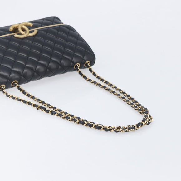 CHANEL Mini Matelasse Chain Shoulder Bag Lamb Skin Black Gold CC Auth 209002SAV