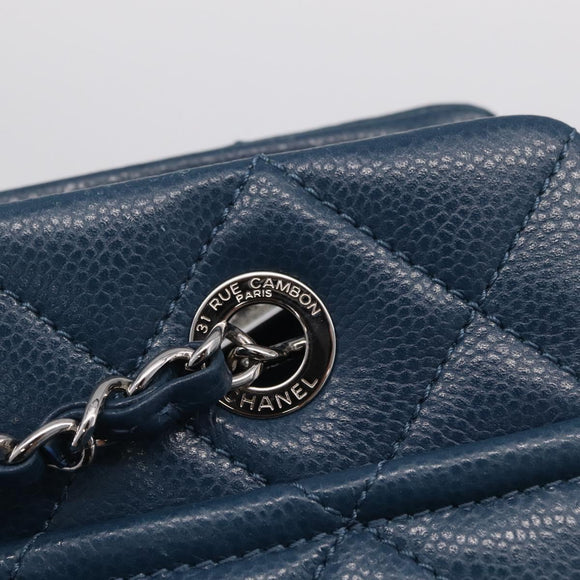 CHANEL Matelasse Chain Tote Bag Caviar Skin Blue Silver CC Auth 209006V